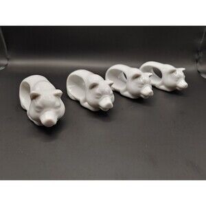 Vintage Shafford Set of 4 White Porcelain Pig Napkin Rings Holders Farmhouse